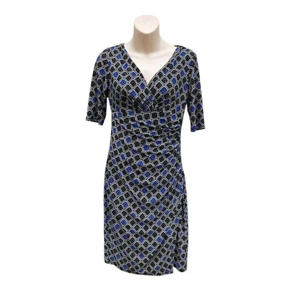 Lauren Ralph Lauren Geometric Diamond Print Ruched Side Faux Wrap Dress Sz 2
